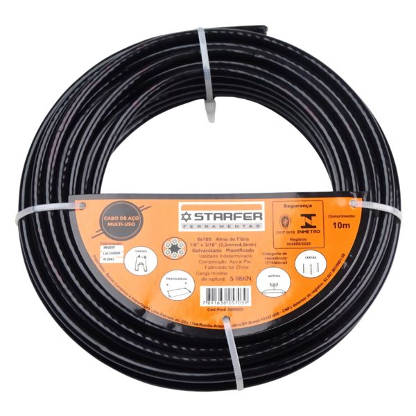Cabo de Aço Encapado Preto 6X19 1/8" 10m - Starfer